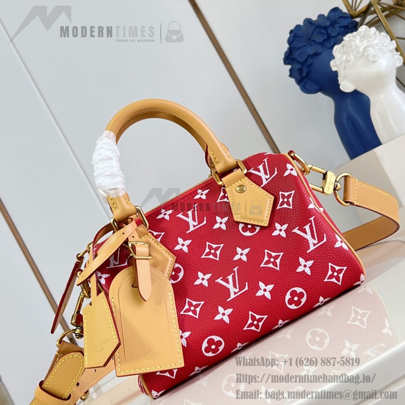 Louis Vuitton Speedy P9 Bandoulière 20 glossy cowhide leather handbag M28186 in yellow and bright red with rolled handles and adjustable shoulder strap