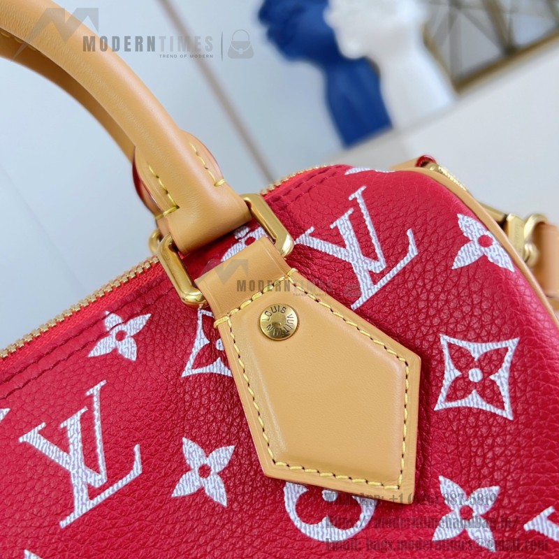 Louis Vuitton Speedy P9 Bandoulière 20 glossy cowhide leather handbag M28186 in yellow and bright red with rolled handles and adjustable shoulder strap