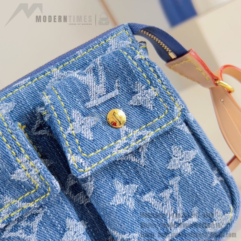 Louis Vuitton Pochette Accessories Cargo cotton handbag M27602 in blue green and pink with leather trim removable strap and front pocket