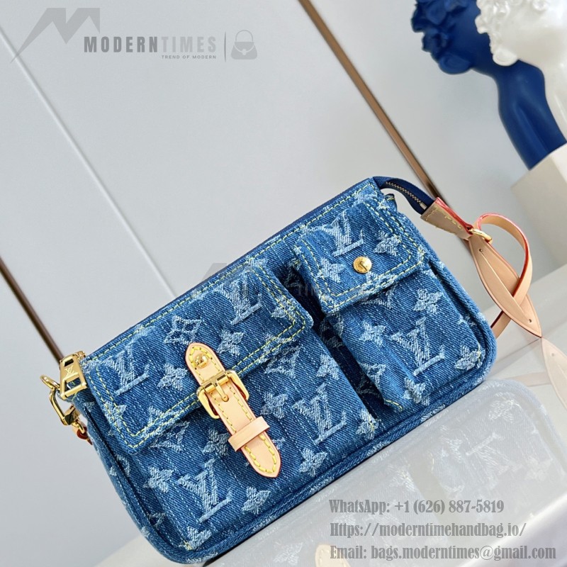 Louis Vuitton Pochette Accessories Cargo cotton handbag M27602 in blue green and pink with leather trim removable strap and front pocket