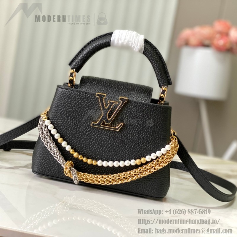 Louis Vuitton Capucines East-West Why Knot Taurillon leather handbag in mini and small sizes with Monogram beaded chain and shiny metal hardware