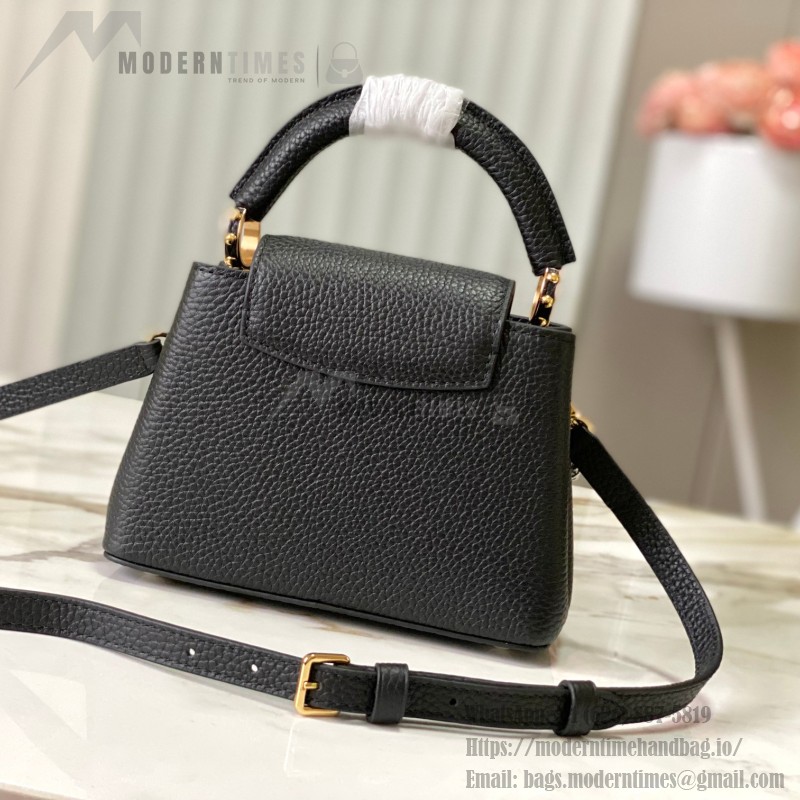Louis Vuitton Capucines East-West Why Knot Taurillon leather handbag in mini and small sizes with Monogram beaded chain and shiny metal hardware