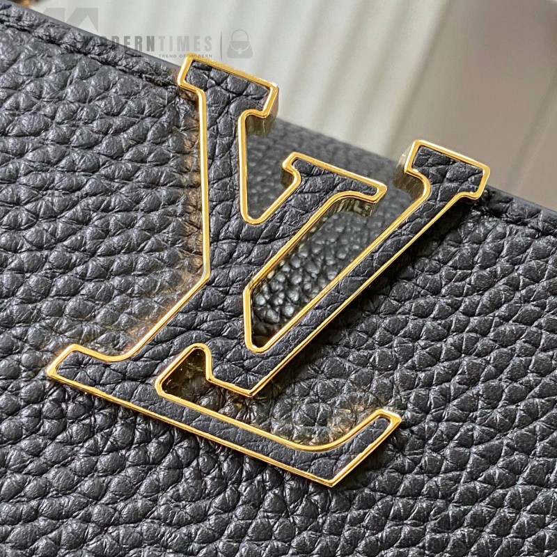 Louis Vuitton Capucines East-West Why Knot Taurillon leather handbag in mini and small sizes with Monogram beaded chain and shiny metal hardware