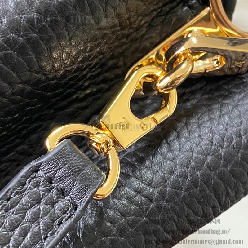 Louis Vuitton Capucines East-West Why Knot Taurillon leather handbag in mini and small sizes with Monogram beaded chain and shiny metal hardware