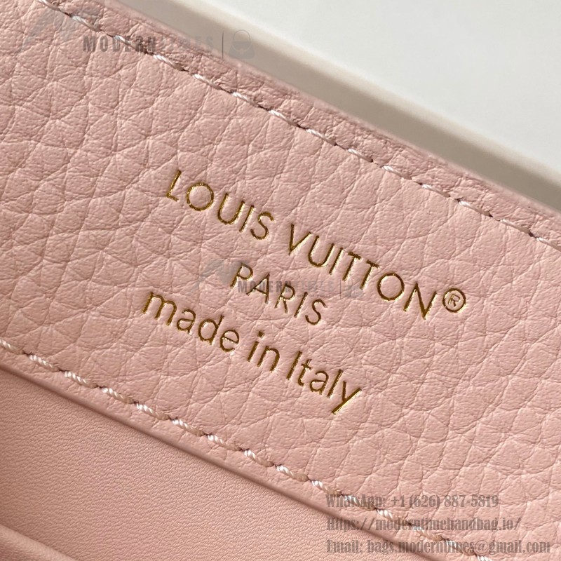 Louis Vuitton Capucines East-West Why Knot Taurillon leather handbag in mini and small sizes with Monogram beaded chain and shiny metal hardware