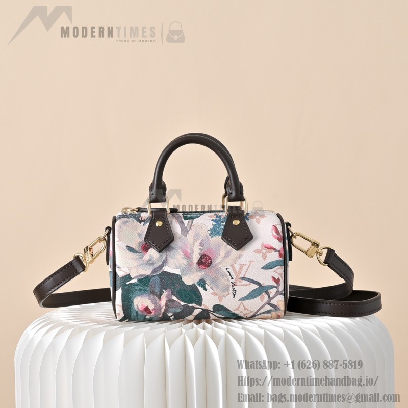  Louis Vuitton Nano Speedy M29149 Monogram Eden floral mini handbag with leather handle and shoulder strap