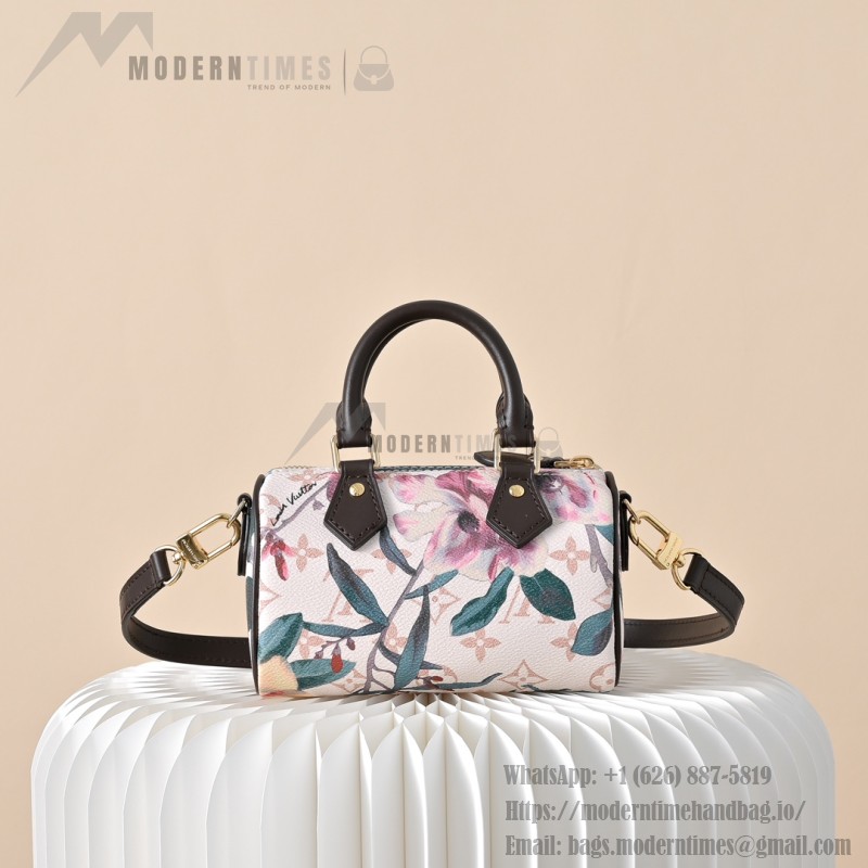  Louis Vuitton Nano Speedy M29149 Monogram Eden floral mini handbag with leather handle and shoulder strap