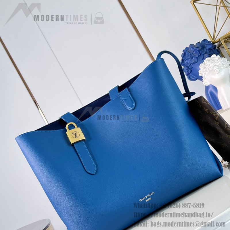Louis Vuitton Low Key Cabas MM M25341 sky blue leather tote bag with padlock detail and adjustable handles