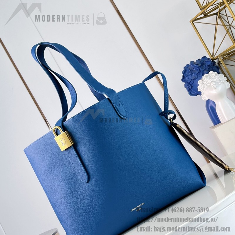 Louis Vuitton Low Key Cabas MM M25341 sky blue leather tote bag with padlock detail and adjustable handles