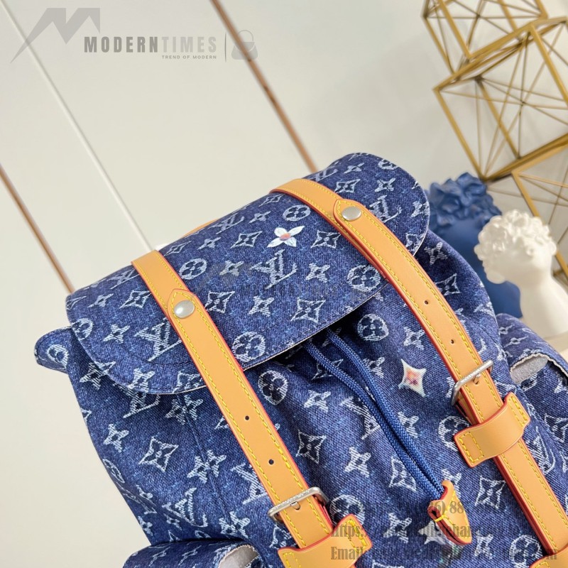 Louis Vuitton Christopher MM M27554 Monogram denim backpack with leather trim and side pockets