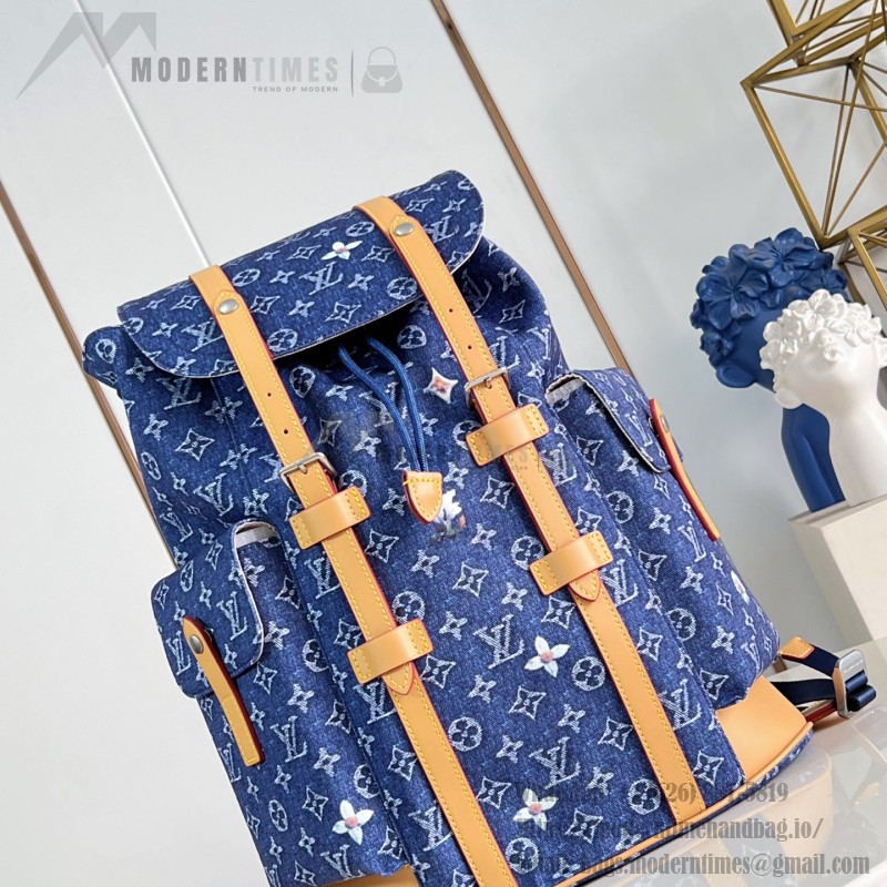 Louis Vuitton Christopher MM M27554 Monogram denim backpack with leather trim and side pockets