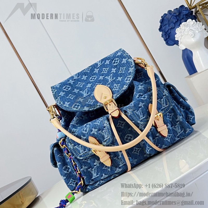 Louis Vuitton Montsouris Cargo M27330 Denim Rendez-Vous backpack with leather trim and braided charm