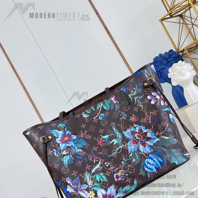Louis Vuitton Neverfull MM M28918 Monogram Eden floral canvas tote bag with cowhide leather trim and adjustable side laces