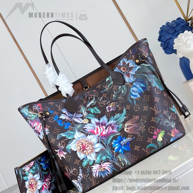Louis Vuitton Neverfull MM M28918 Monogram Eden floral canvas tote bag with cowhide leather trim and adjustable side laces