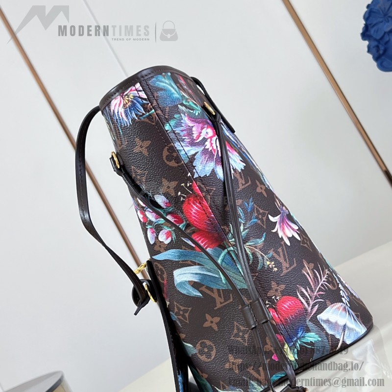 Louis Vuitton Neverfull MM M28918 Monogram Eden floral canvas tote bag with cowhide leather trim and adjustable side laces