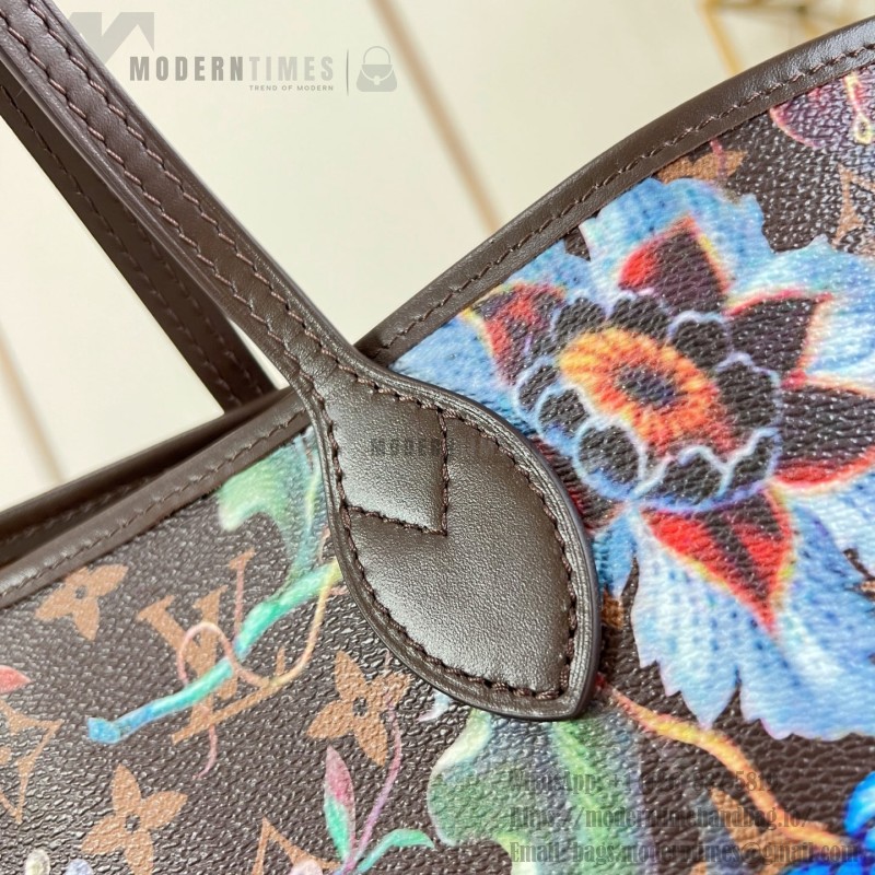 Louis Vuitton Neverfull MM M28918 Monogram Eden floral canvas tote bag with cowhide leather trim and adjustable side laces