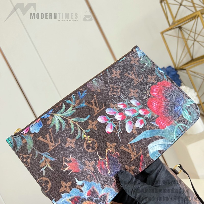 Louis Vuitton Neverfull MM M28918 Monogram Eden floral canvas tote bag with cowhide leather trim and adjustable side laces