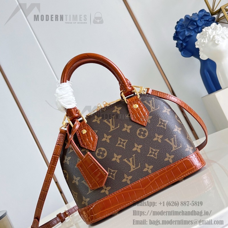 Louis Vuitton Alma BB M53152 Monogram canvas handbag with crocodile-embossed leather trim, Toron handles, padlock, and adjustable shoulder strap