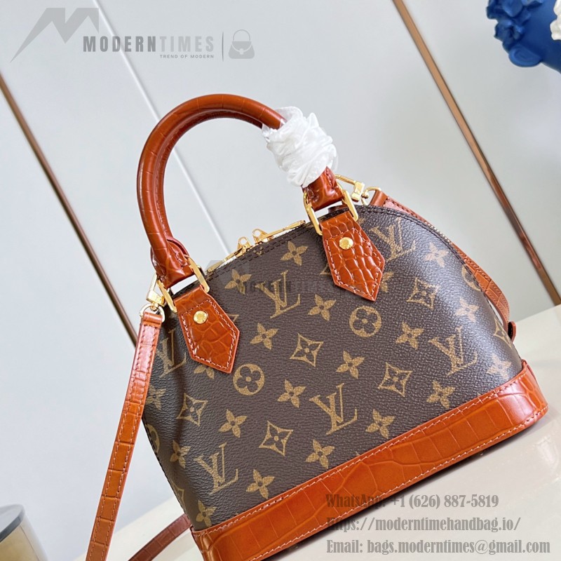 Louis Vuitton Alma BB M53152 Monogram canvas handbag with crocodile-embossed leather trim, Toron handles, padlock, and adjustable shoulder strap