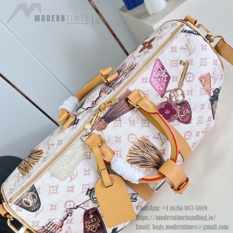  Louis Vuitton Keepall Bandoulière 45 M28780 Monogram Dune travel bag with vintage hotel key print, leather handles, and detachable shoulder strap
