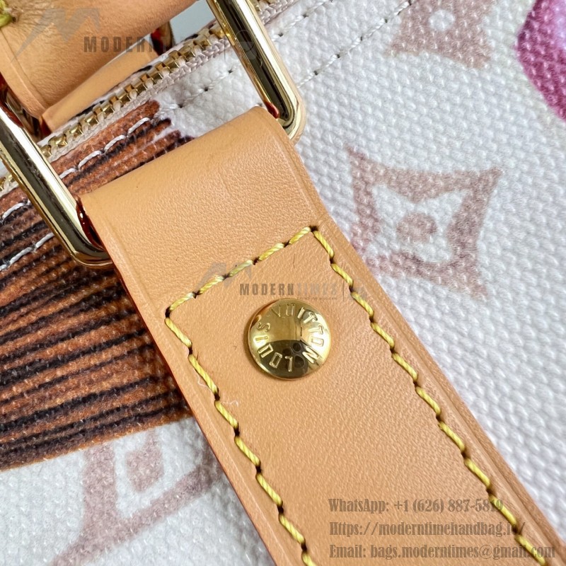  Louis Vuitton Keepall Bandoulière 45 M28780 Monogram Dune travel bag with vintage hotel key print, leather handles, and detachable shoulder strap