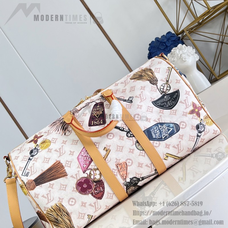  Louis Vuitton Keepall Bandoulière 45 M28780 Monogram Dune travel bag with vintage hotel key print, leather handles, and detachable shoulder strap
