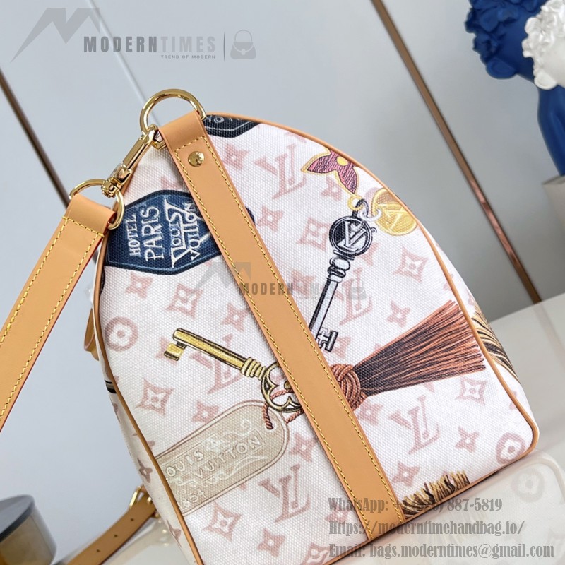  Louis Vuitton Keepall Bandoulière 45 M28780 Monogram Dune travel bag with vintage hotel key print, leather handles, and detachable shoulder strap
