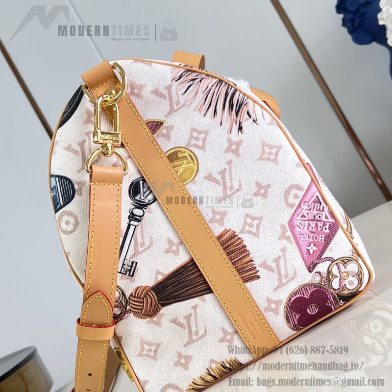  Louis Vuitton Keepall Bandoulière 45 M28780 Monogram Dune travel bag with vintage hotel key print, leather handles, and detachable shoulder strap