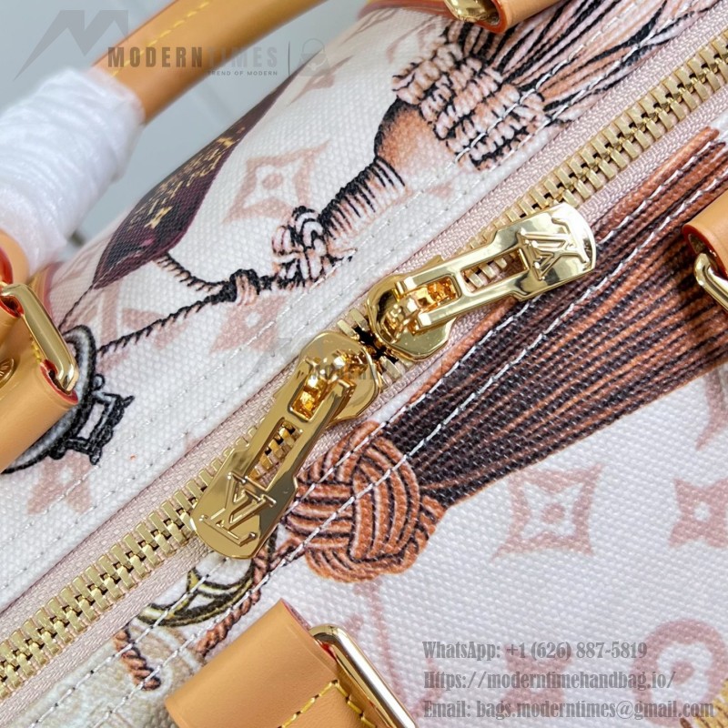  Louis Vuitton Keepall Bandoulière 45 M28780 Monogram Dune travel bag with vintage hotel key print, leather handles, and detachable shoulder strap