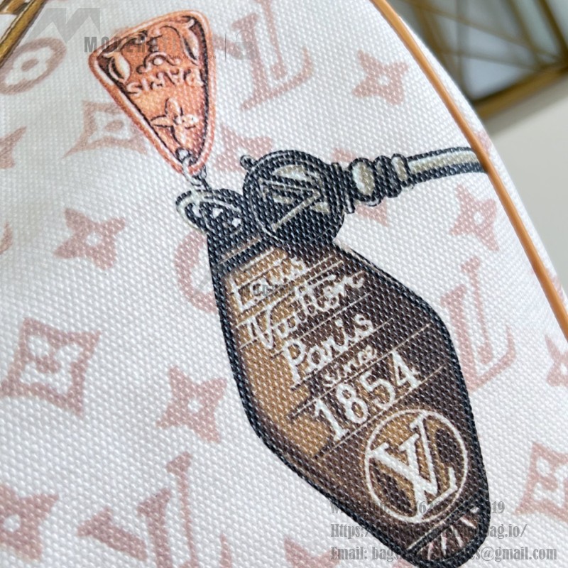  Louis Vuitton Keepall Bandoulière 45 M28780 Monogram Dune travel bag with vintage hotel key print, leather handles, and detachable shoulder strap
