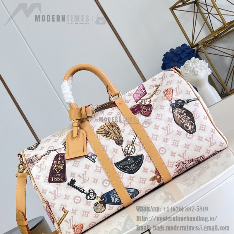  Louis Vuitton Keepall Bandoulière 45 M28780 Monogram Dune travel bag with vintage hotel key print, leather handles, and detachable shoulder strap