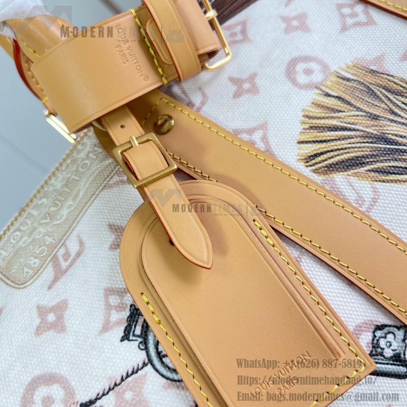  Louis Vuitton Keepall Bandoulière 45 M28780 Monogram Dune travel bag with vintage hotel key print, leather handles, and detachable shoulder strap