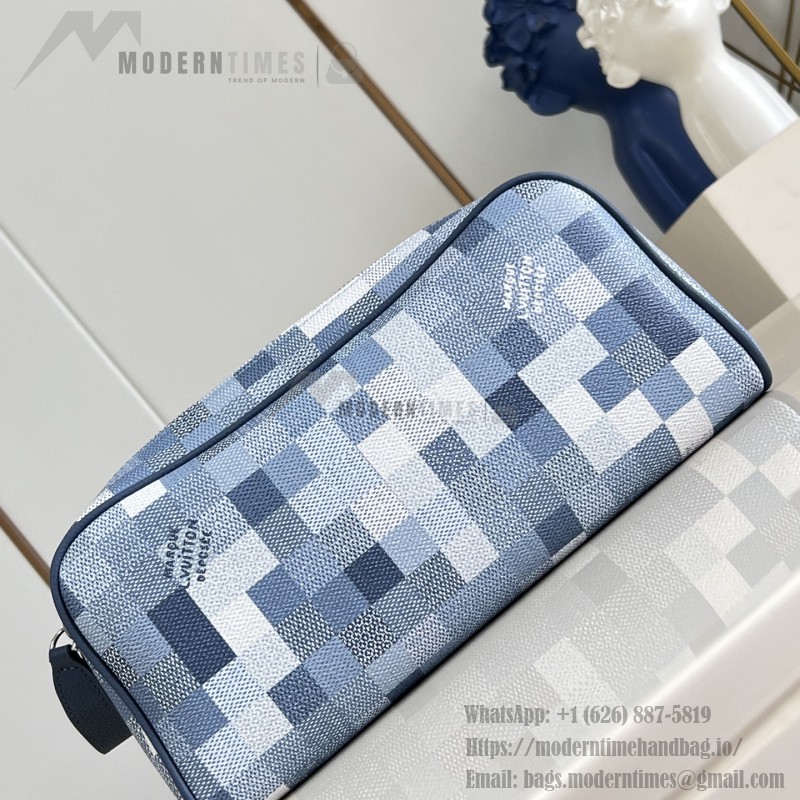 Louis Vuitton Dopp Kit M28847 Damoflage coated canvas toiletry bag with pixelated camouflage pattern, dual zippers, and washable lining