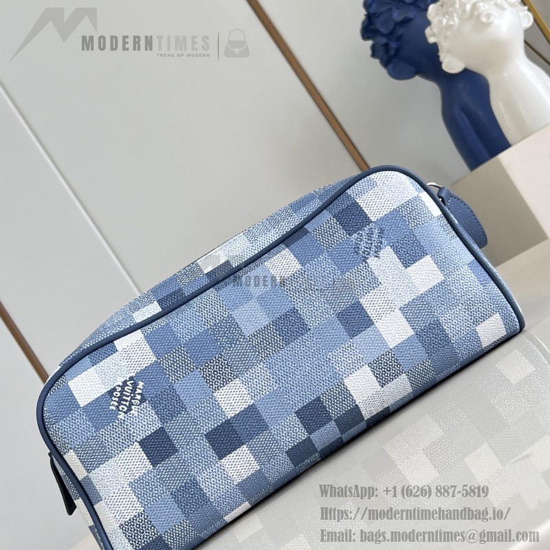 Louis Vuitton Dopp Kit M28847 Damoflage coated canvas toiletry bag with pixelated camouflage pattern, dual zippers, and washable lining