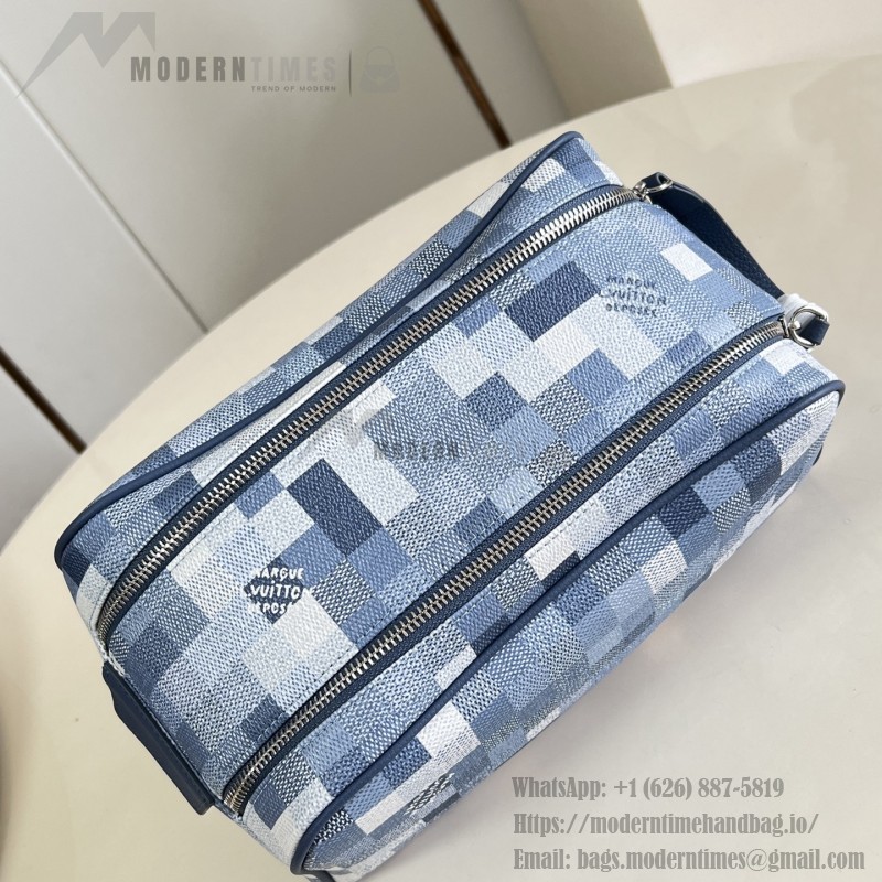Louis Vuitton Dopp Kit M28847 Damoflage coated canvas toiletry bag with pixelated camouflage pattern, dual zippers, and washable lining