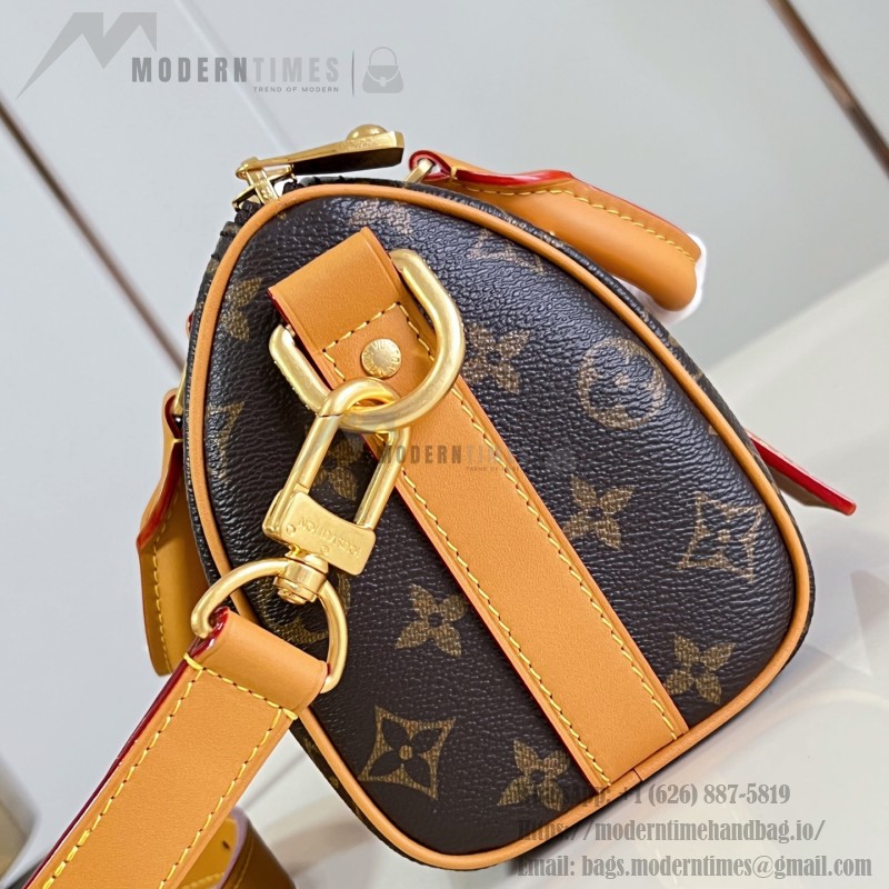 Louis Vuitton Keepall Bandoulière 25 M28957 Monogram Archive coated canvas bag with cowhide leather trim, aged metal hardware, top handle, and adjustable strap