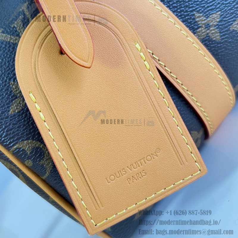 Louis Vuitton Keepall Bandoulière 25 M28957 Monogram Archive coated canvas bag with cowhide leather trim, aged metal hardware, top handle, and adjustable strap