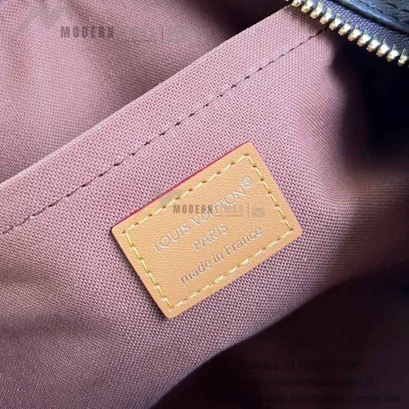 Louis Vuitton Keepall Bandoulière 25 M28957 Monogram Archive coated canvas bag with cowhide leather trim, aged metal hardware, top handle, and adjustable strap