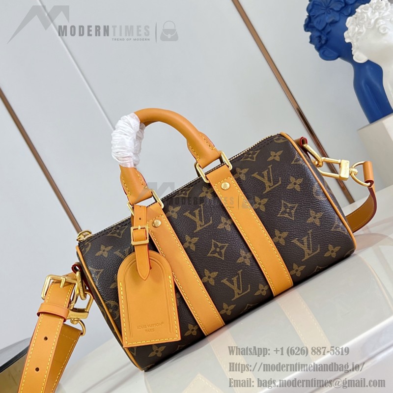 Louis Vuitton Keepall Bandoulière 25 M28957 Monogram Archive coated canvas bag with cowhide leather trim, aged metal hardware, top handle, and adjustable strap