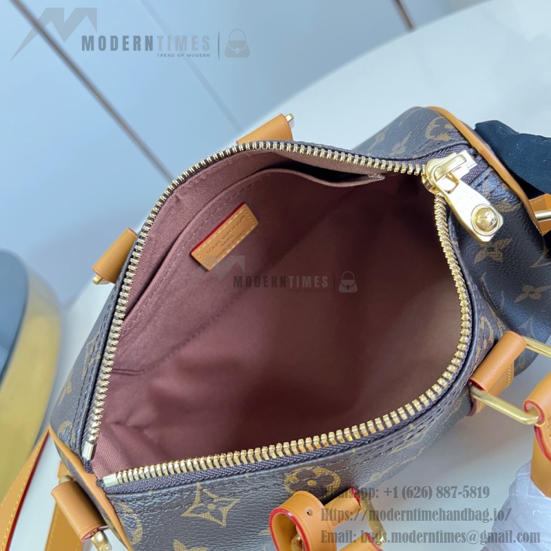 Louis Vuitton Keepall Bandoulière 25 M28957 Monogram Archive coated canvas bag with cowhide leather trim, aged metal hardware, top handle, and adjustable strap