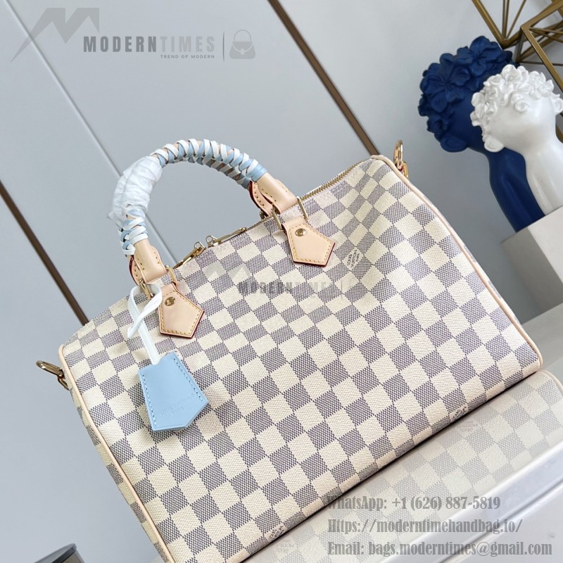  Louis Vuitton Speedy Bandoulière 30 N40908 Damier Azur Canvas Handbag with Braided Leather Handles