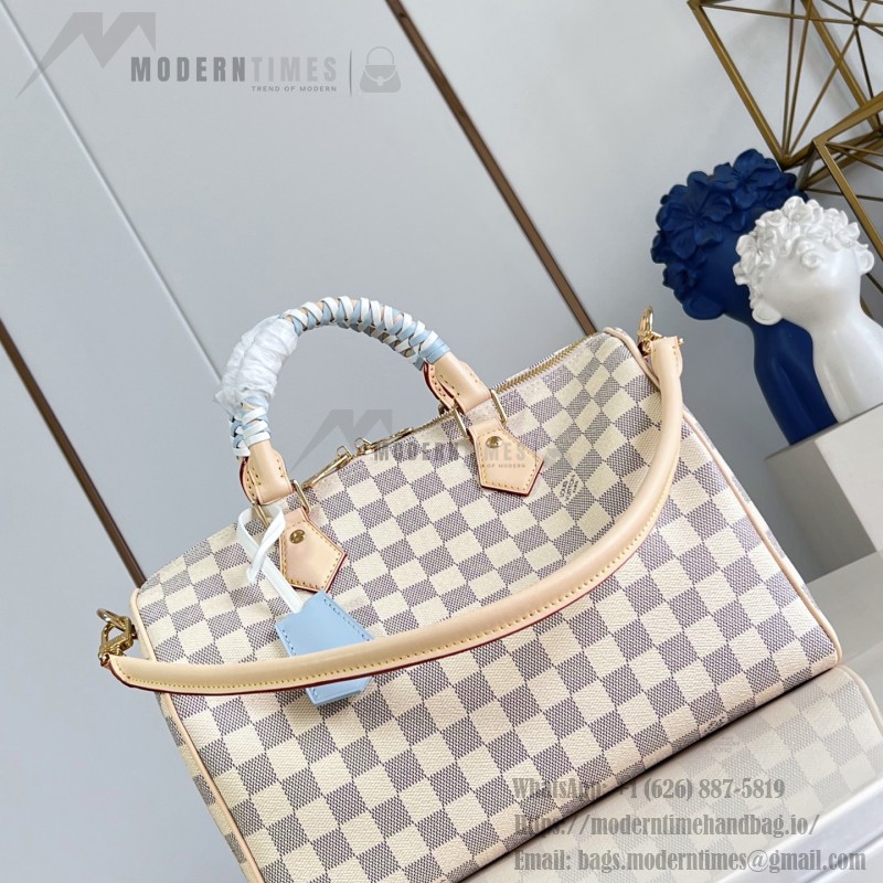  Louis Vuitton Speedy Bandoulière 30 N40908 Damier Azur Canvas Handbag with Braided Leather Handles