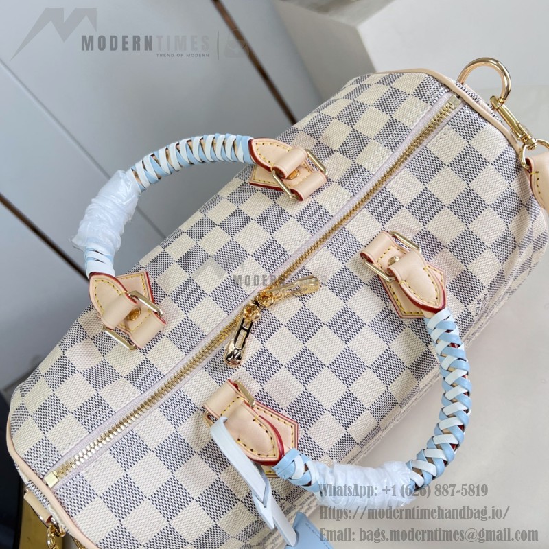  Louis Vuitton Speedy Bandoulière 30 N40908 Damier Azur Canvas Handbag with Braided Leather Handles
