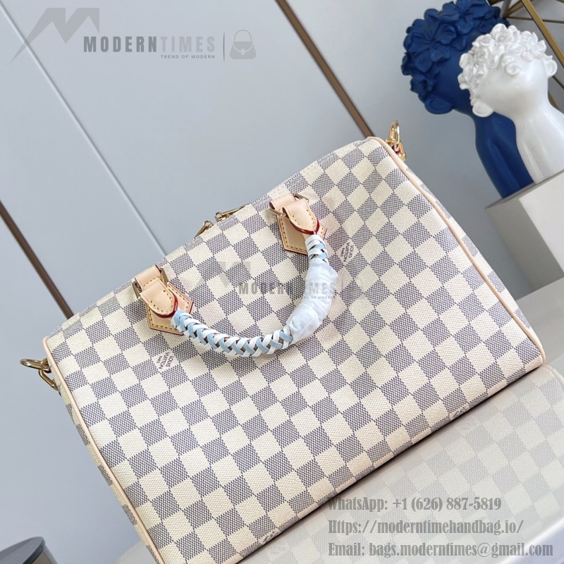  Louis Vuitton Speedy Bandoulière 30 N40908 Damier Azur Canvas Handbag with Braided Leather Handles
