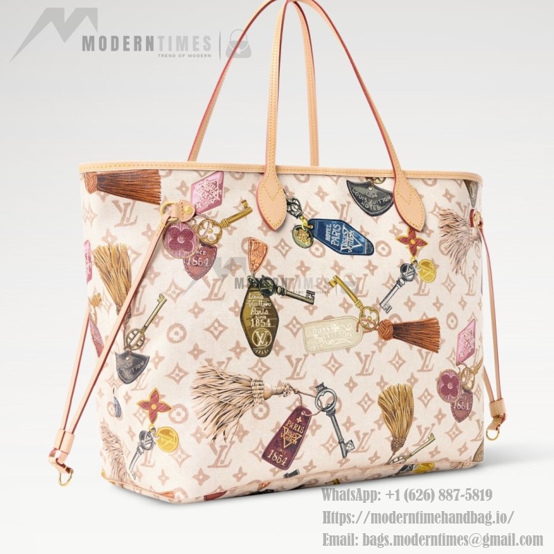 Louis Vuitton Neverfull GM M29449 White Monogram Canvas Tote Bag with Multicolor Badge Print