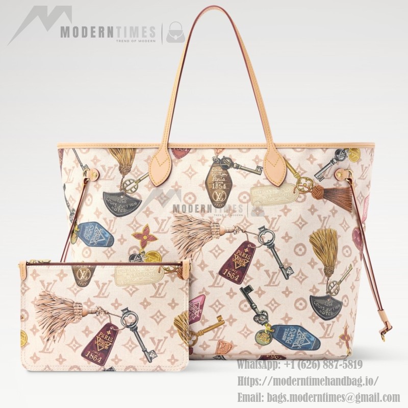 Louis Vuitton Neverfull GM M29449 White Monogram Canvas Tote Bag with Multicolor Badge Print