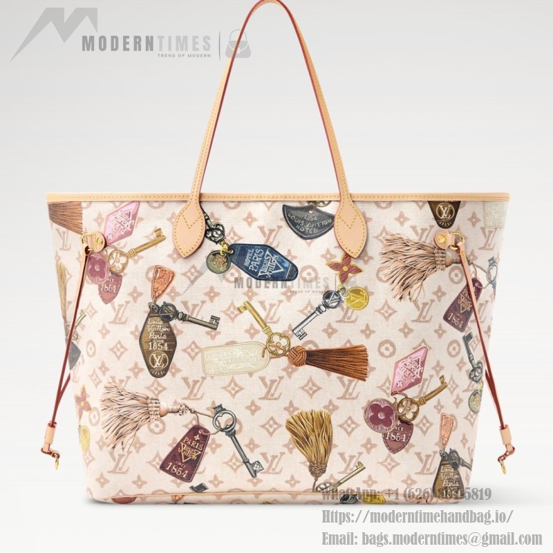 Louis Vuitton Neverfull GM M29449 White Monogram Canvas Tote Bag with Multicolor Badge Print