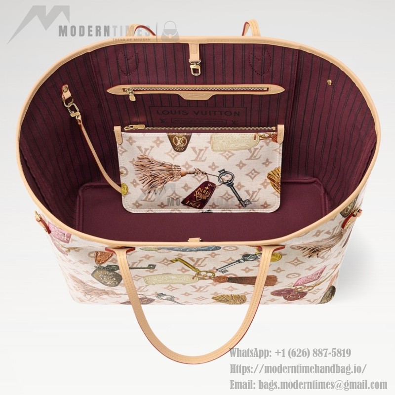 Louis Vuitton Neverfull GM M29449 White Monogram Canvas Tote Bag with Multicolor Badge Print