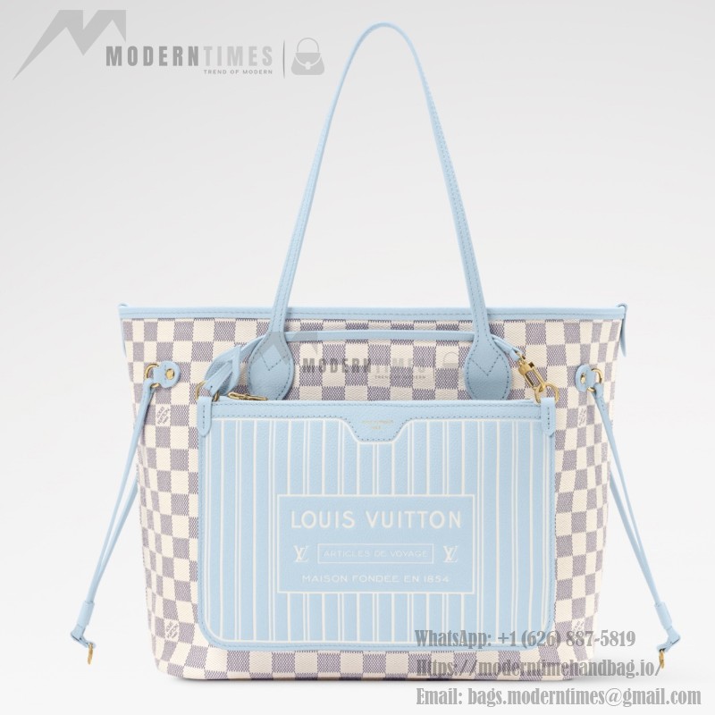  Louis Vuitton Neverfull Inside Out MM N40946 Damier Azur Canvas Tote Bag with Blue Interior and Removable Zip Pouch