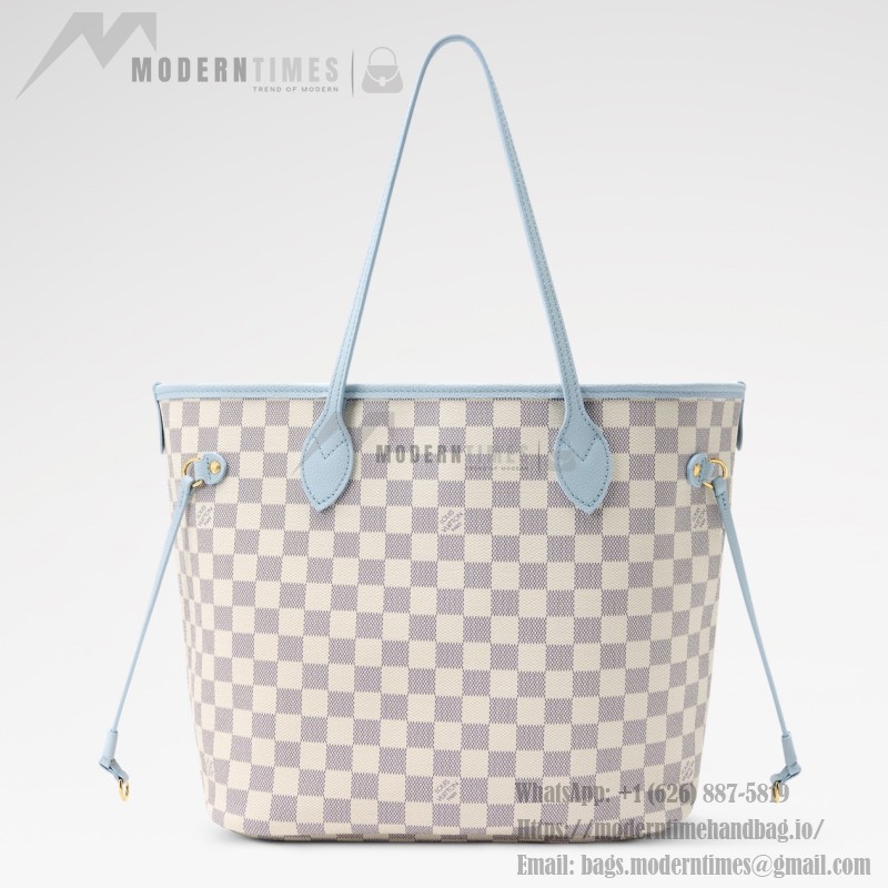  Louis Vuitton Neverfull Inside Out MM N40946 Damier Azur Canvas Tote Bag with Blue Interior and Removable Zip Pouch